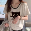 A large-sized cotton V-neck short-sleeved T-shirt for women, a new summer fashion in 2025. It's a top for slightly overweight girls to look slimmer and cover their bellies Application Scenario